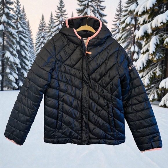 Columbia Other - Girls Columbia‎ Black with Pink Trim XS (6/6X) Hooded Lightweight Puffer Jacket